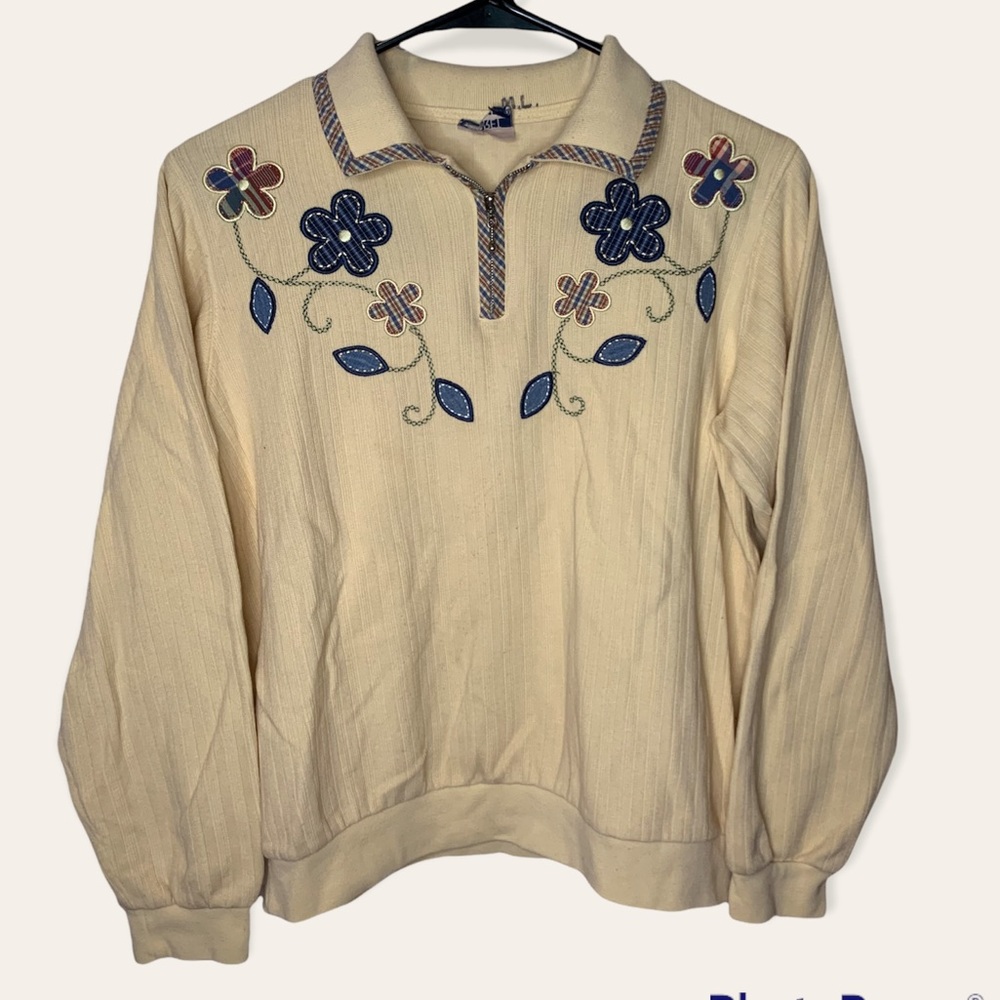 Vintage Plaid Floral Flowers Zip Collared Sweater